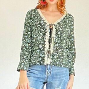 Allegra K Long Sleeve Blue Floral Blouse, Tie Closure (XL) NWT